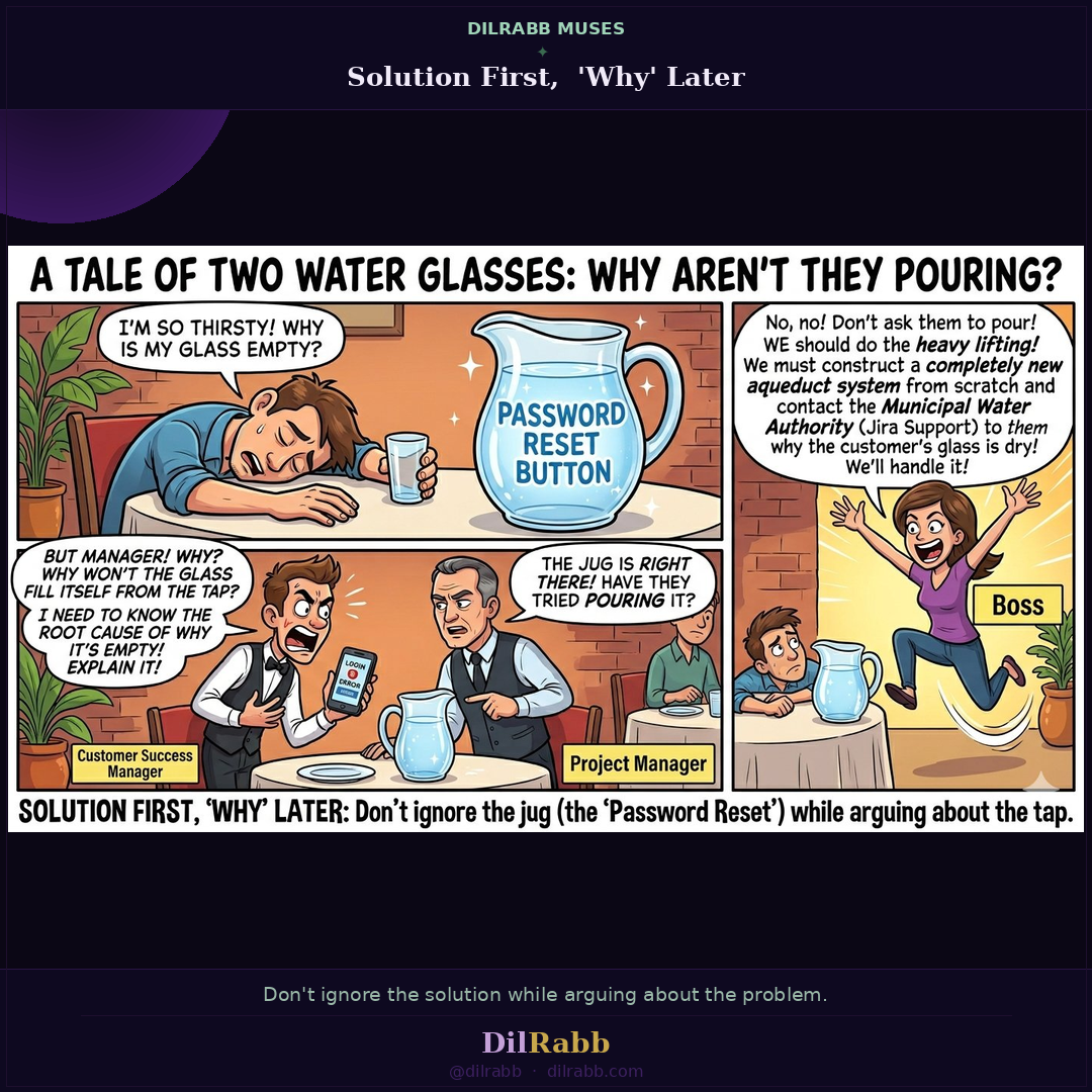 A Tale of Two Water Glasses — cartoon about solution vs argument in workplace